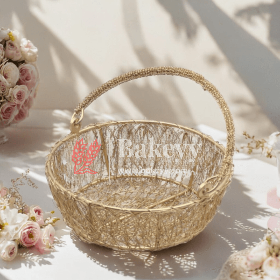 Round Decorative Gold Metal Hamper Basket For Gifting | Return Gifts - Bakeyy.com - India - Round Decorative Gold Metal Hamper Basket For Gifting | Return Gifts - Small - 6 Inch