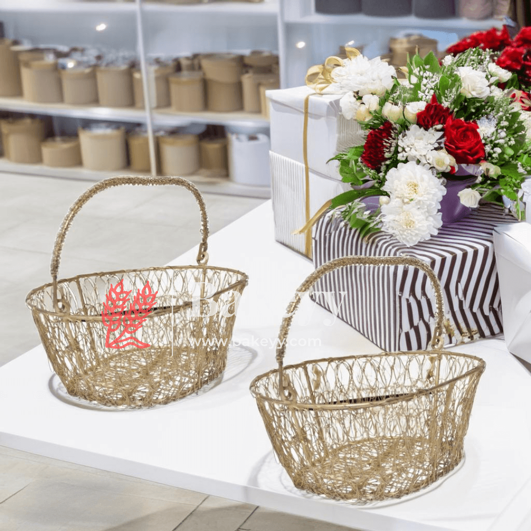 Decorative Gold Metal Hamper Basket For Gifting Oval - Bakeyy.com - India - Decorative Gold Metal Hamper Basket For Gifting Oval - Small