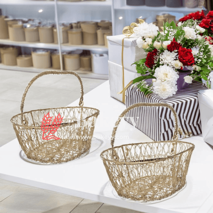 Decorative Gold Metal Hamper Basket For Gifting Oval - Bakeyy.com