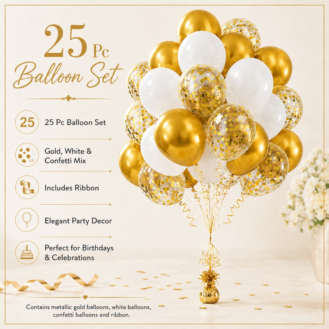 25-piece balloon set with gold, white, and confetti balloons on a stand, featuring product details.