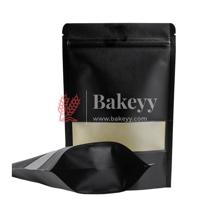100 gm | Zip Lock Pouch | Black Color With Window | 10x17 CM | Standing Pouch - Bakeyy.com