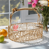 Decorative Gold Metal Hamper Basket For Gifting Oval with Handle - Bakeyy.com - India - Decorative Gold Metal Hamper Basket For Gifting Oval with Handle - Small