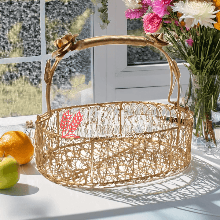 Decorative Gold Metal Hamper Basket For Gifting Oval with Handle - Bakeyy.com