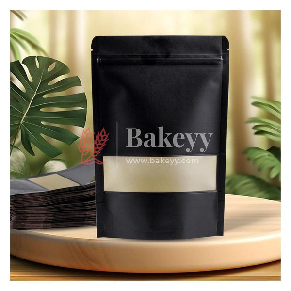 100 gm | Zip Lock Pouch | Black Color With Window | 10x17 CM | Standing Pouch - Bakeyy.com