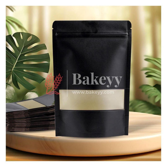 100 gm | Zip Lock Pouch | Black Color With Window | 10x17 CM | Standing Pouch | 110 GSM | - Bakeyy.com - India - 100 gm | Zip Lock Pouch | Black Color With Window | 10x17 CM | Standing Pouch | 110 GSM | - Pack Of 50 / 10x17 cm / 100 gm