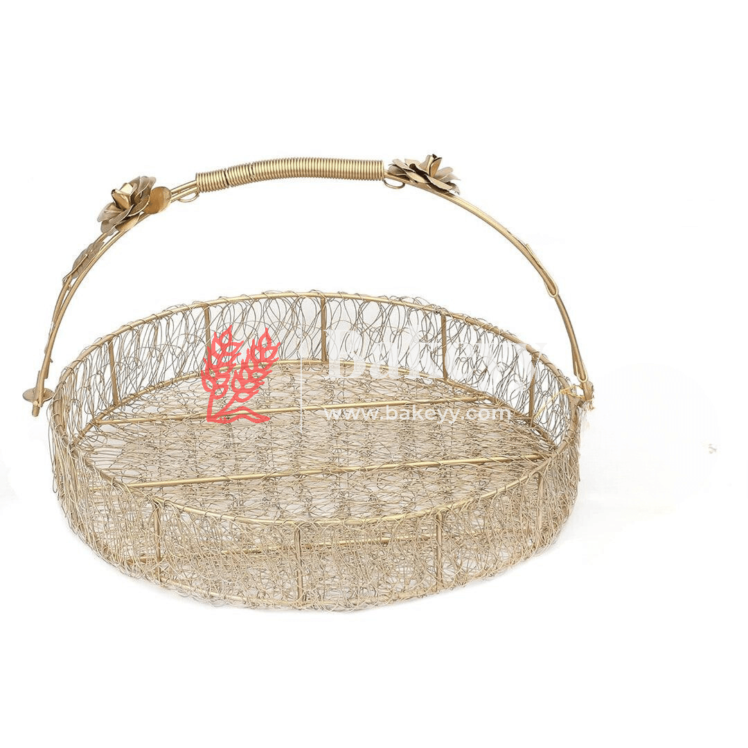 Decorative Gold Metal Hamper Basket For Gifting Round with Handle - Bakeyy.com - India - Decorative Gold Metal Hamper Basket For Gifting Round with Handle - Medium - 8 Inch