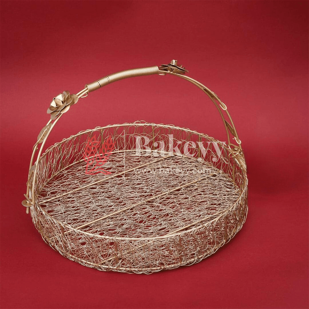 Decorative Gold Metal Hamper Basket For Gifting Round with Handle - Bakeyy.com - India - Decorative Gold Metal Hamper Basket For Gifting Round with Handle - Medium - 8 Inch