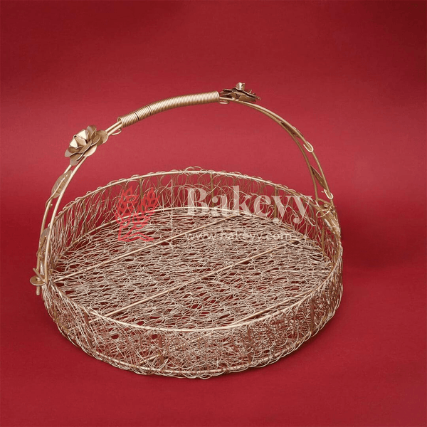 Decorative Gold Metal Hamper Basket For Gifting Round with Handle - Bakeyy.com