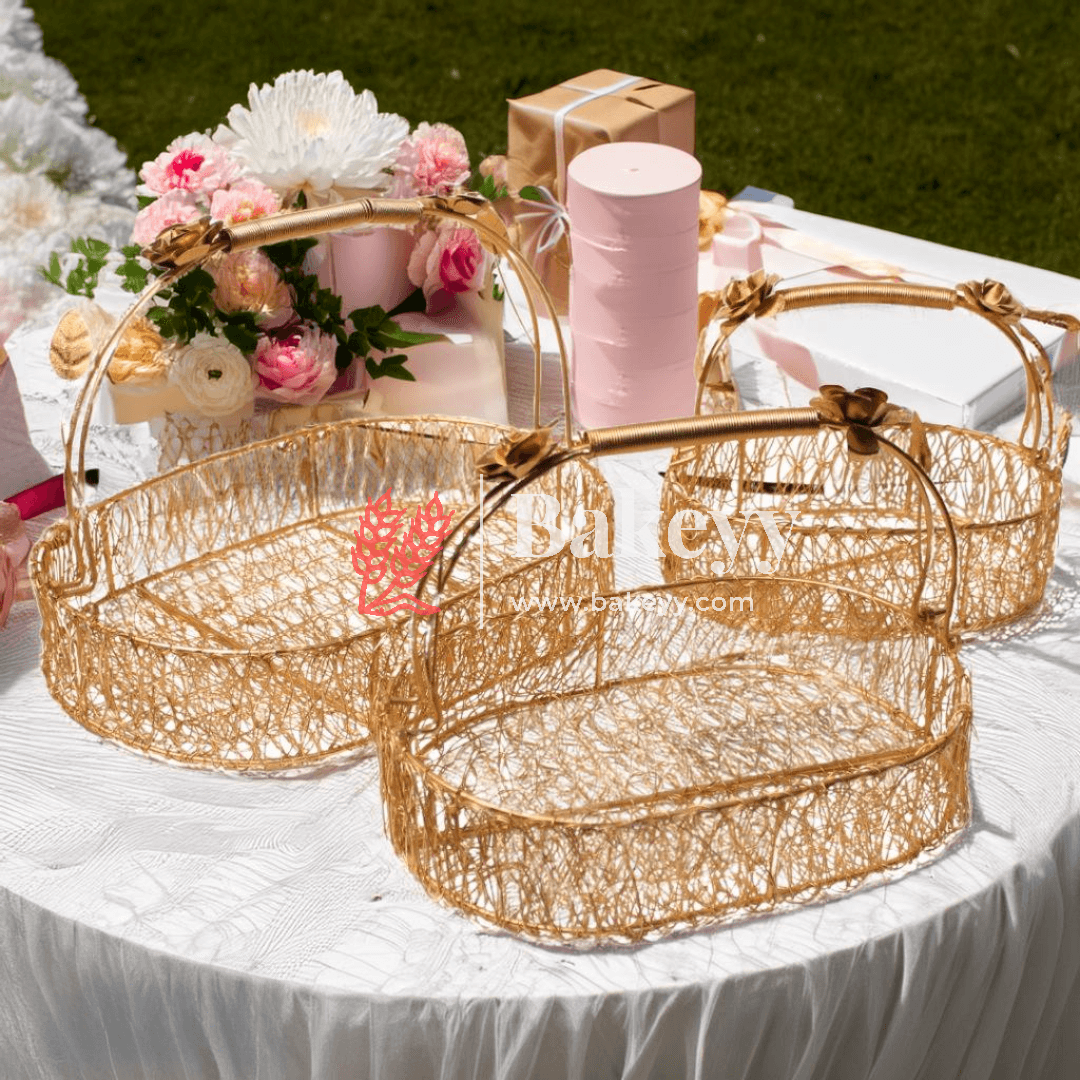 Decorative Gold Metal Hamper Basket For Gifting Oval with Handle - Bakeyy.com - India - Decorative Gold Metal Hamper Basket For Gifting Oval with Handle - Small