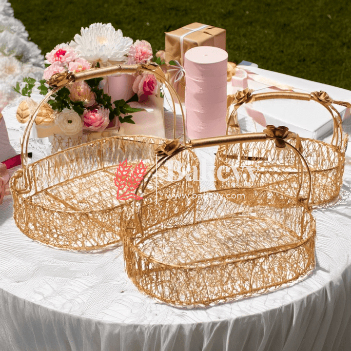 Decorative Gold Metal Hamper Basket For Gifting Oval with Handle - Bakeyy.com