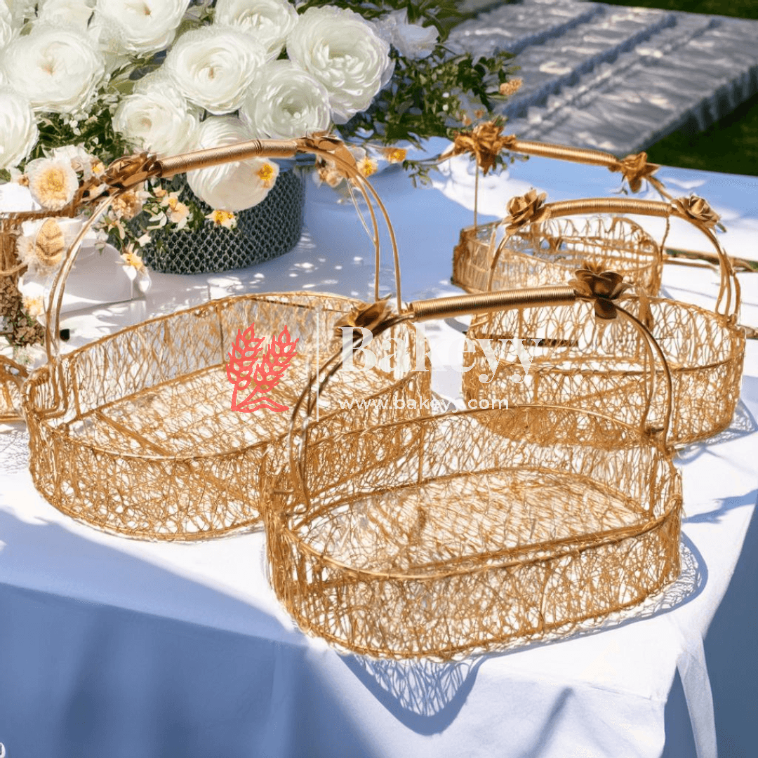 Decorative Gold Metal Hamper Basket For Gifting Oval with Handle - Bakeyy.com - India - Decorative Gold Metal Hamper Basket For Gifting Oval with Handle - Small