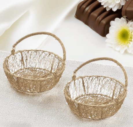8 Inch | Decorative Gold Metal Hamper Basket For Gifting Round | Medium - Bakeyy.com - India - 8 Inch | Decorative Gold Metal Hamper Basket For Gifting Round | Medium - Default Title