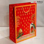 Decorative Indian Heritage Design Paper Gift Bag with Handle | Red & Orange | Pack of 10