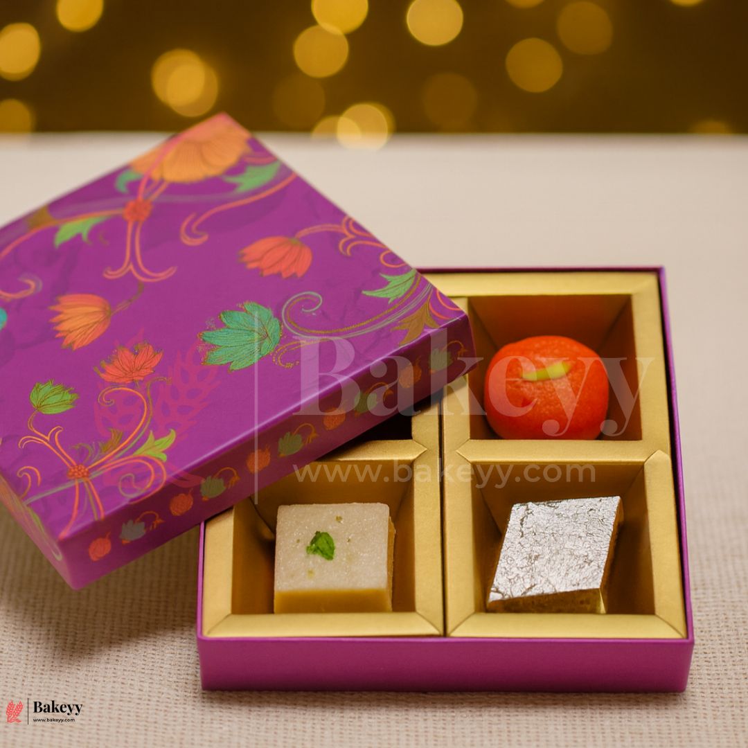 8x8x1.5 Inch | Rigid Chocolate Box | Elegant 4-Compartment Festive Hamper Box | Diwali Sweet box | Dry Fruit Box | Purple | 1 Piece