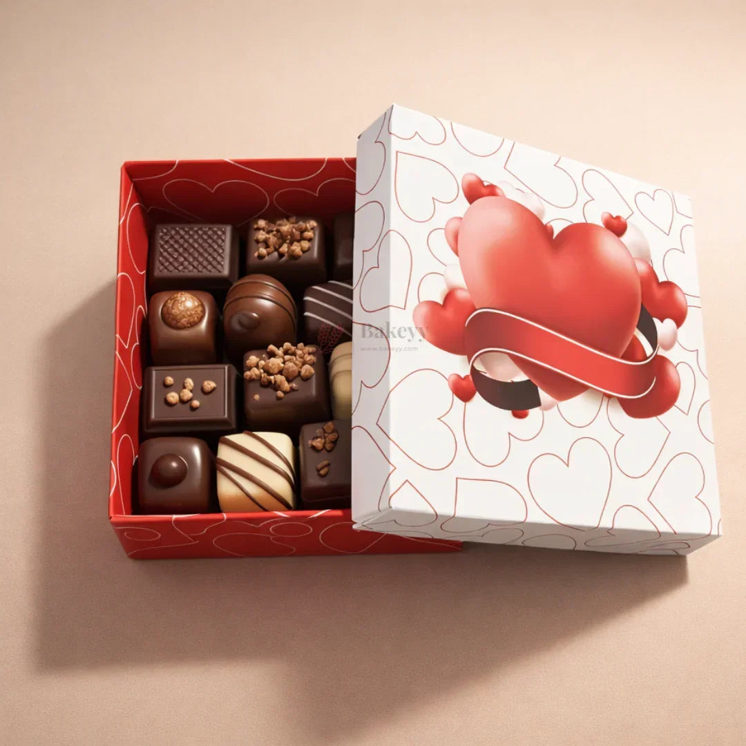 Valentine Chocolate Box with Heart Print Lid | Premium Gift Box for Chocolates, Truffles & Hampers | Red & White | Pack of 10