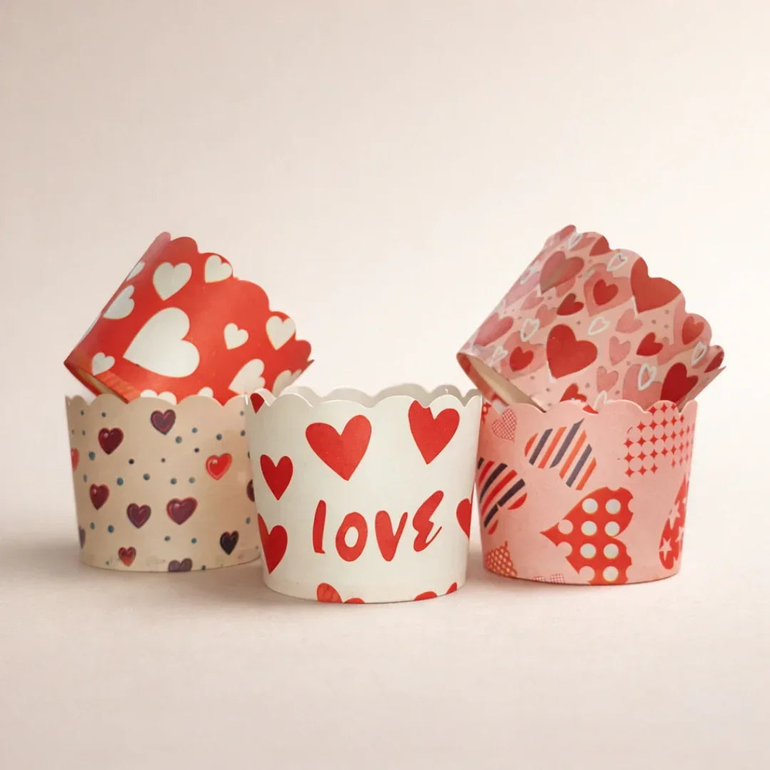 5 cm | Valentine Printed Muffin Cup | Cupcake Paper Cups | Heart Design Baking Liners | Pack of 50