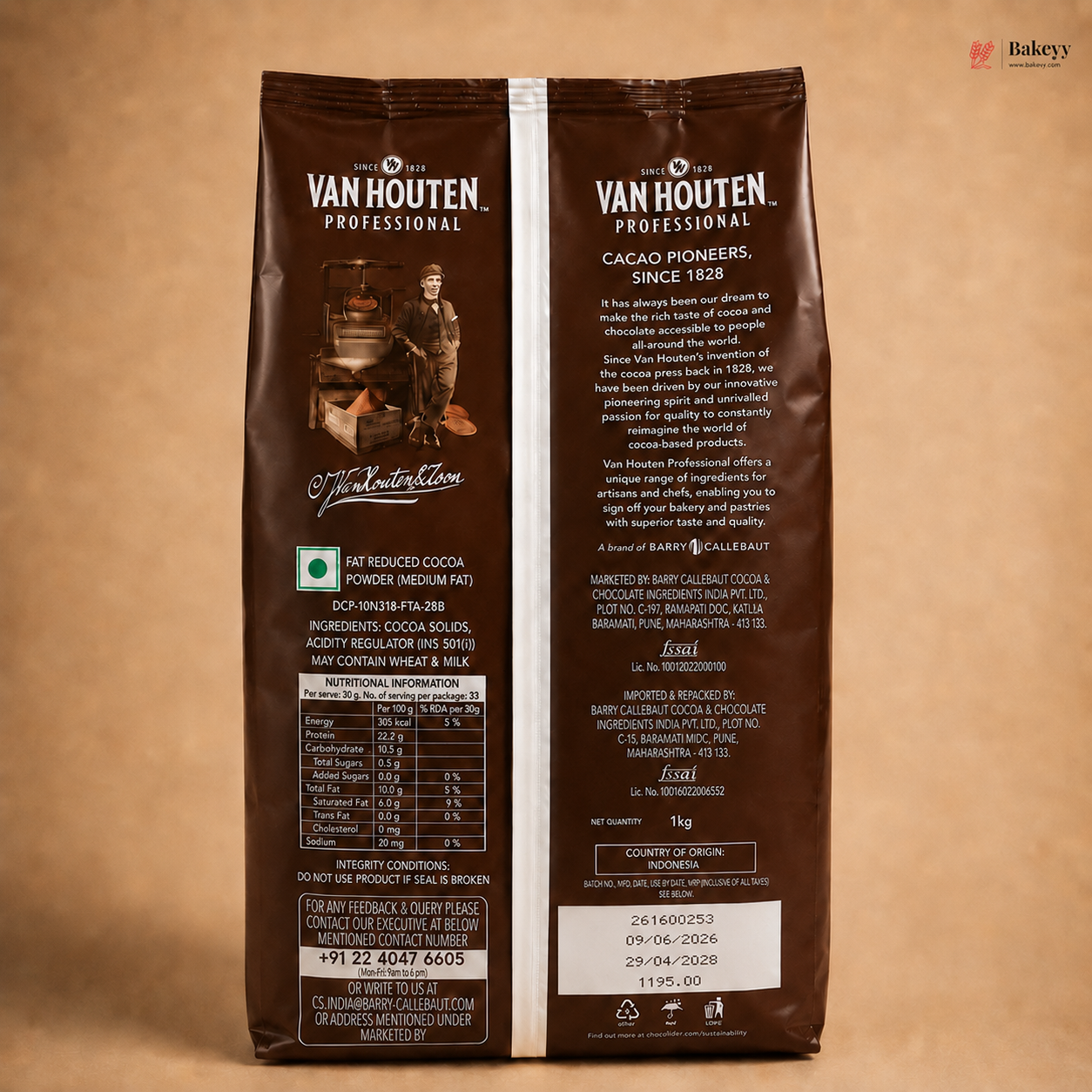 Van Houten Professional cocoa powder packaging on a beige background