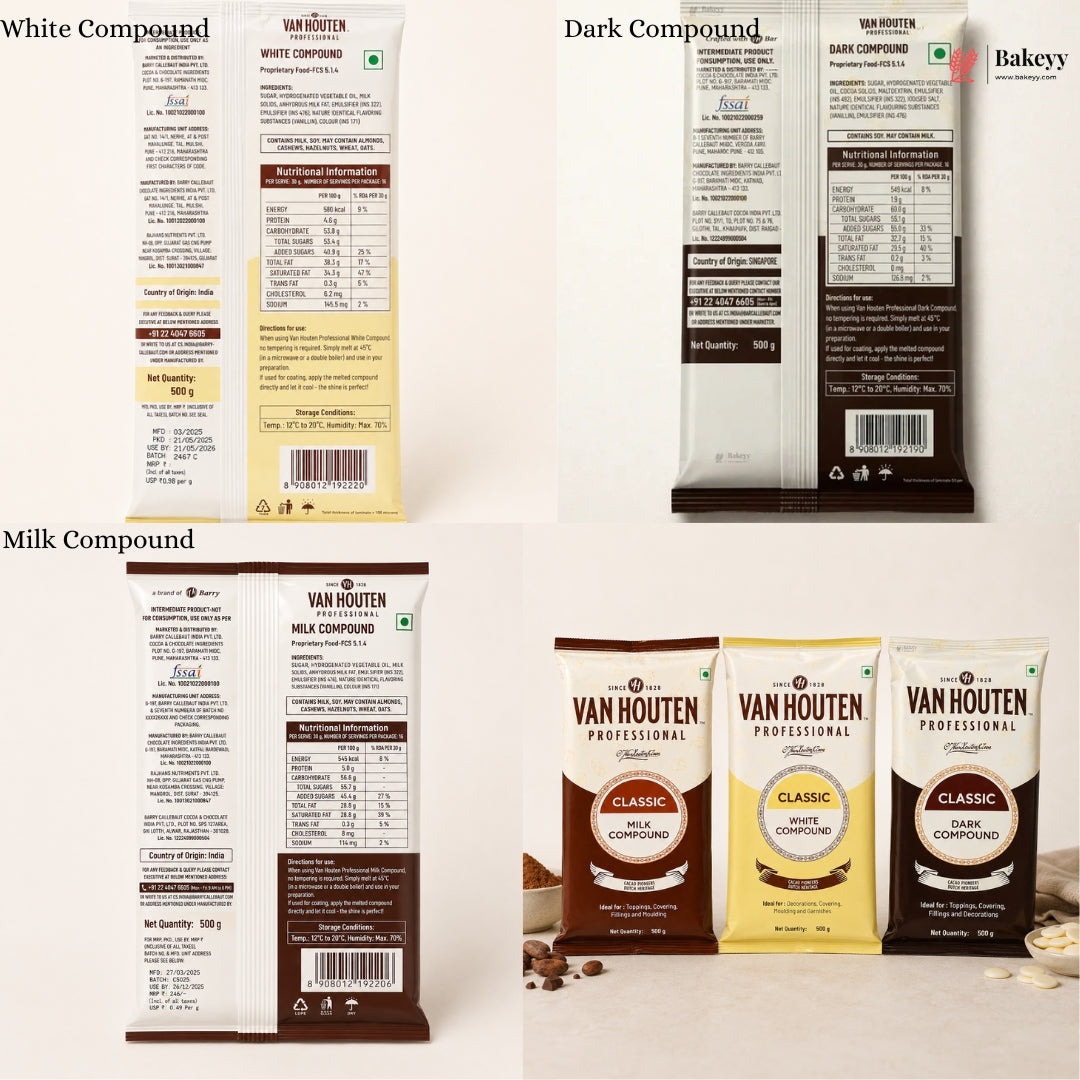 Van Houten compound chocolate packaging in white, dark, and milk compounds on a light background.