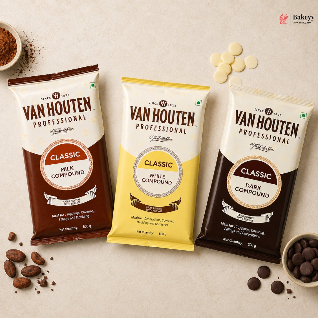 Three Van Houten chocolate compound packages on a light background with chocolate ingredients.