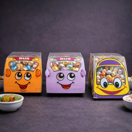 Vehicle Theme PVC Goodie Box | Cartoon Bus & Car Design Gift and Return Favor Box | 3 Designs Available | Pack of 10