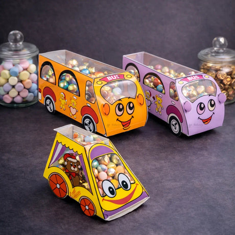 Vehicle Theme PVC Goodie Box | Cartoon Bus & Car Design Gift and Return Favor Box | 3 Designs Available | Pack of 10