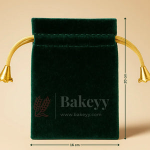 Dark green velvet potli bag with golden drawstring, 20x16 cm, gift packaging from Bakeyy