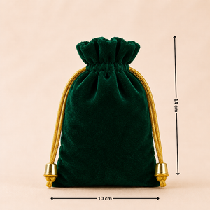 Green velvet drawstring pouch with gold accents and measurements on a beige background