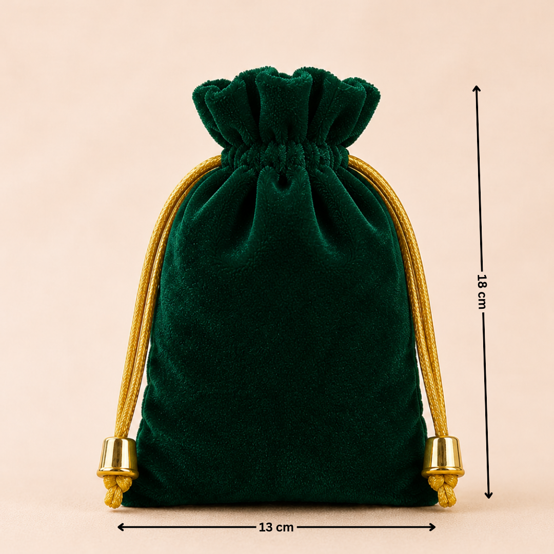 Green velvet drawstring pouch with gold accents and measurements on a beige background