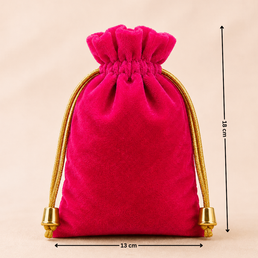 Pink velvet drawstring bag with gold accents and measurements on a beige background