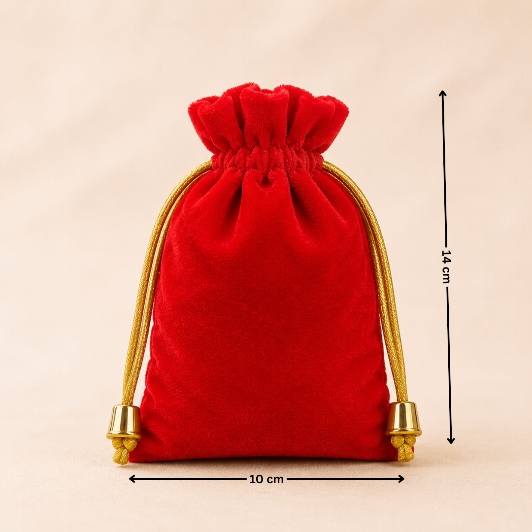 Red velvet drawstring pouch with gold accents and measurements on a beige background
