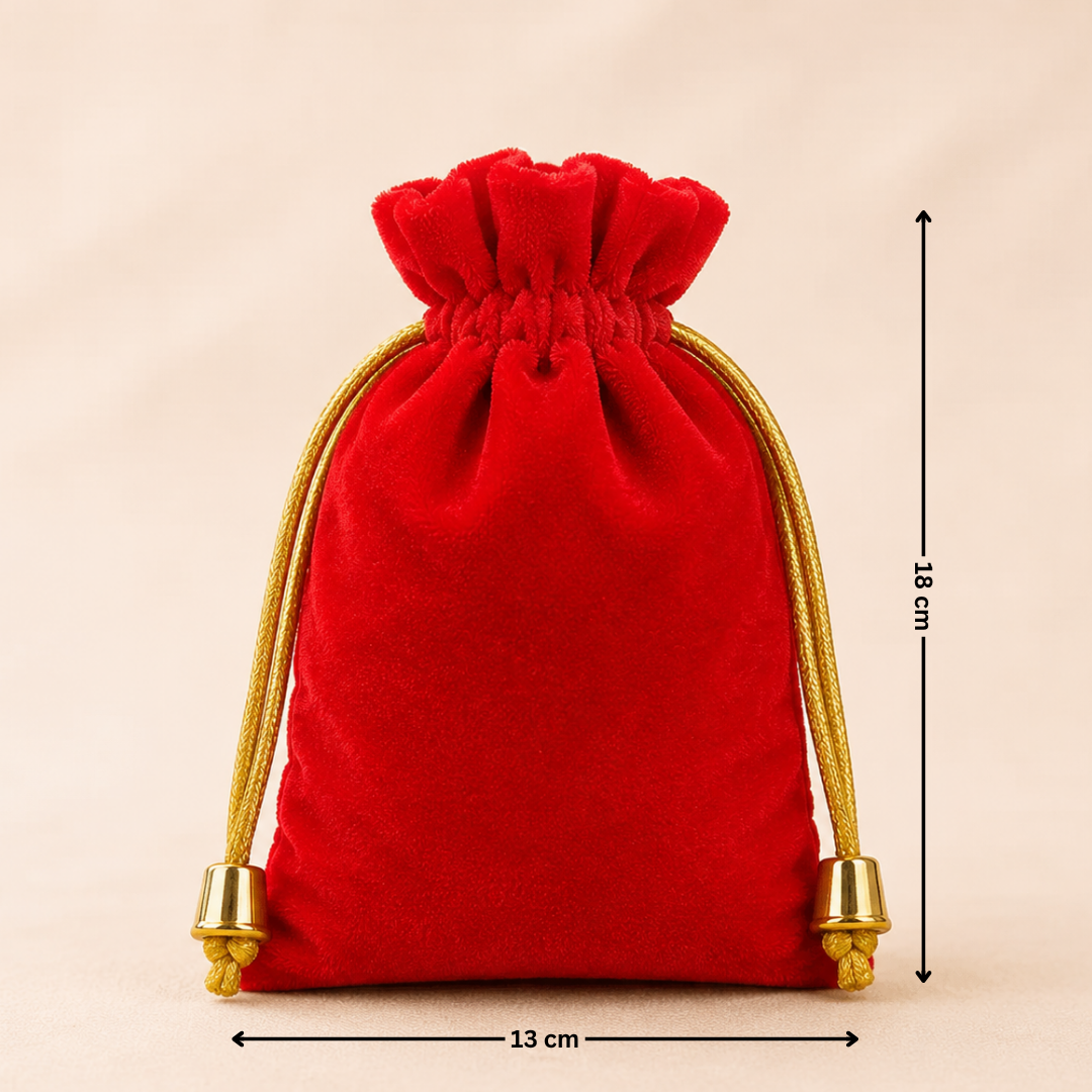 Red velvet drawstring pouch with gold accents and measurements on a beige background
