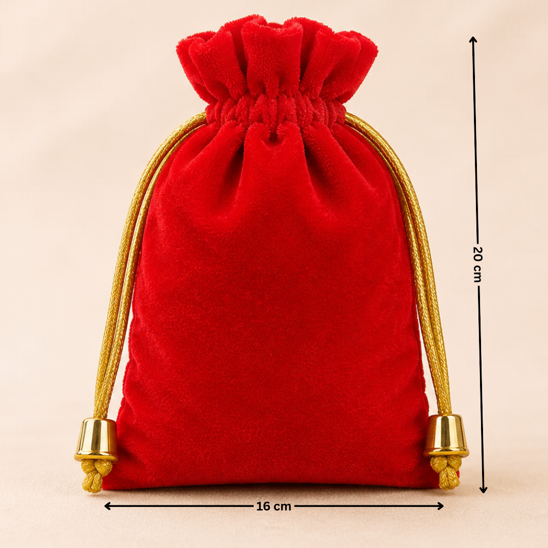 Red velvet drawstring pouch with gold accents and measurements on a beige background