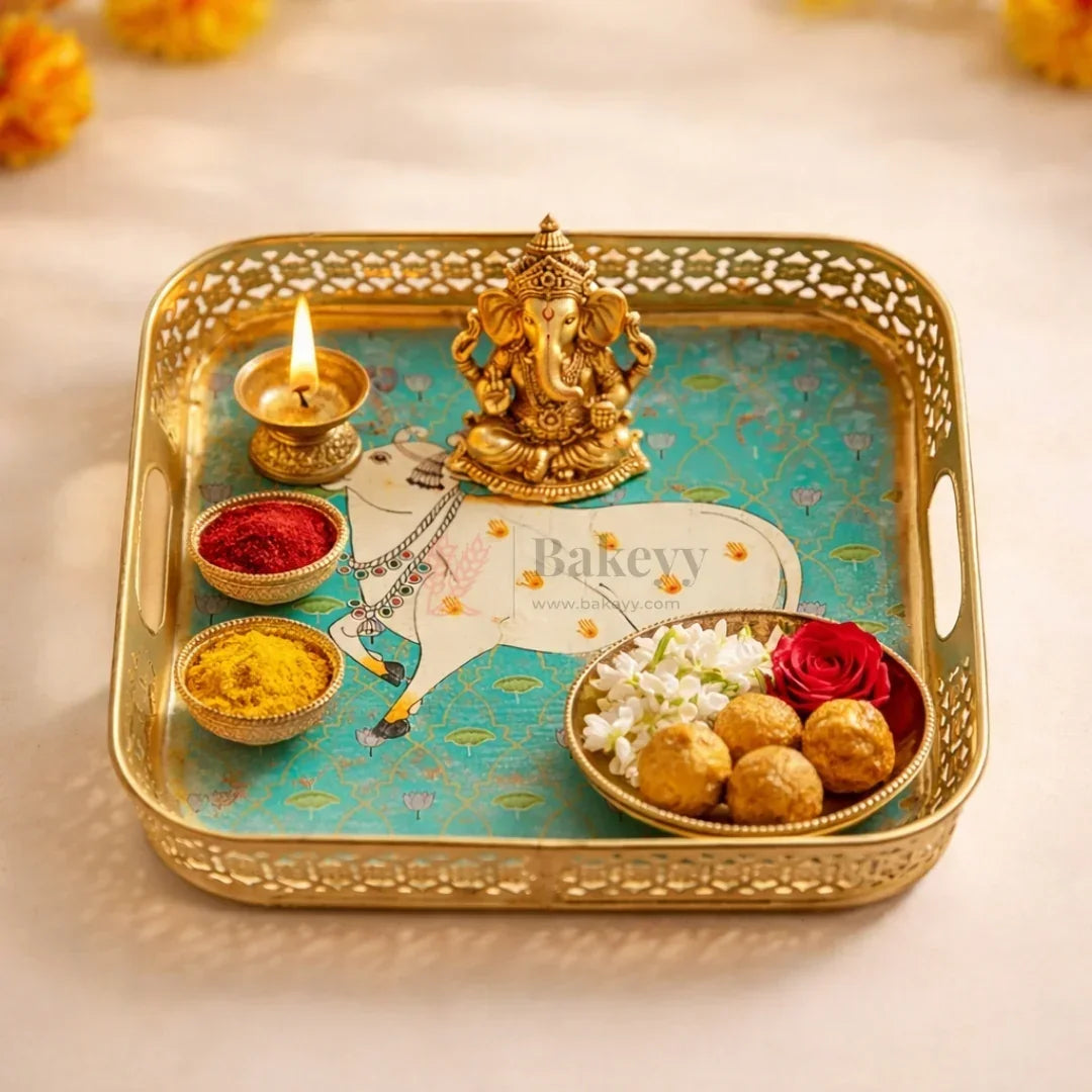 VintagePichwaiCowMetalPoojaTrayDecorativeServingPlatter10x10InchGoldFinish_1 - Bakeyy.com