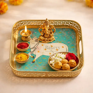 VintagePichwaiCowMetalPoojaTrayDecorativeServingPlatter10x10InchGoldFinish_1 - Bakeyy.com