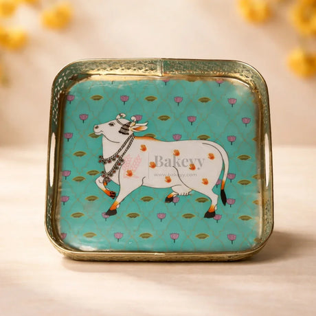 10 inch | Pichwai Tray for Return Gifts | Square Metal Tray Home Decor Items | Decorative Tray for Diwali | Pack of 1