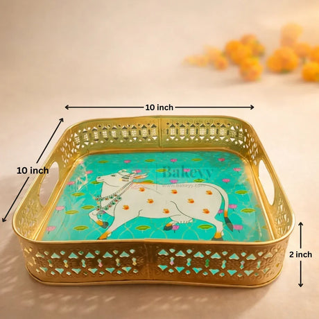 10 inch | Pichwai Tray for Return Gifts | Square Metal Tray Home Decor Items | Decorative Tray for Diwali | Pack of 1