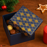 8x8x4 inch (21x21x10 cm) | Premium Rigid Hamper Box | Blue with Golden Leaf Print – Medium Size