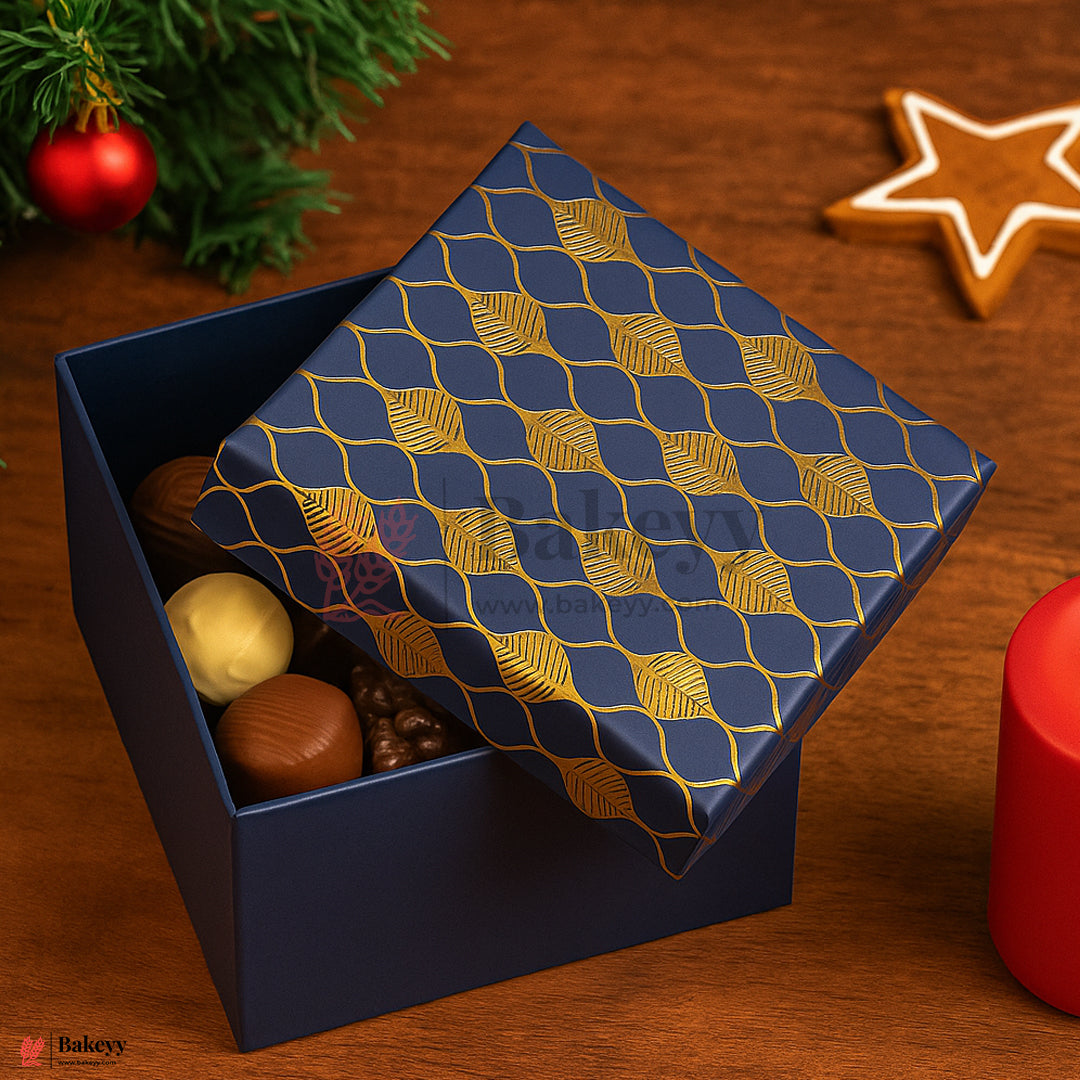 10x10x4 inch (25.5x25.5x10 cm) | Premium Rigid Hamper Box | Blue with Golden Leaf Print – Large Size
