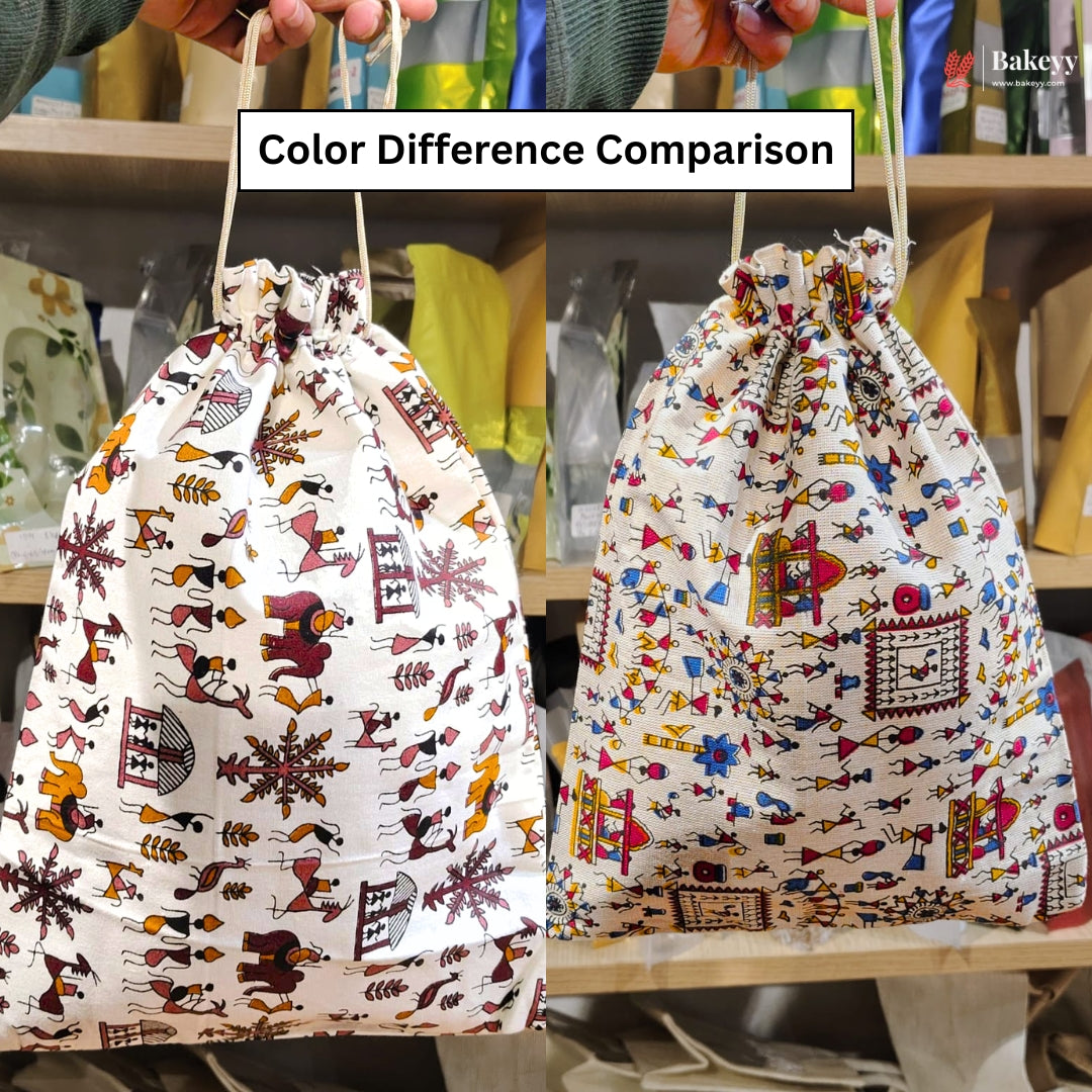 Warli Art Print Jute Potli Bag with Drawstring Closure