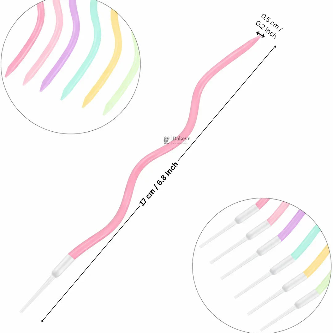 Colorful wavy spiral birthday cake candles with holders, 17cm length, sold by Bakeyy