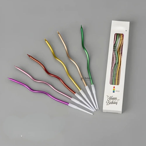 Colorful wavy spiral birthday cake candles with holders, boxed, Bakeyy wholesale supplies