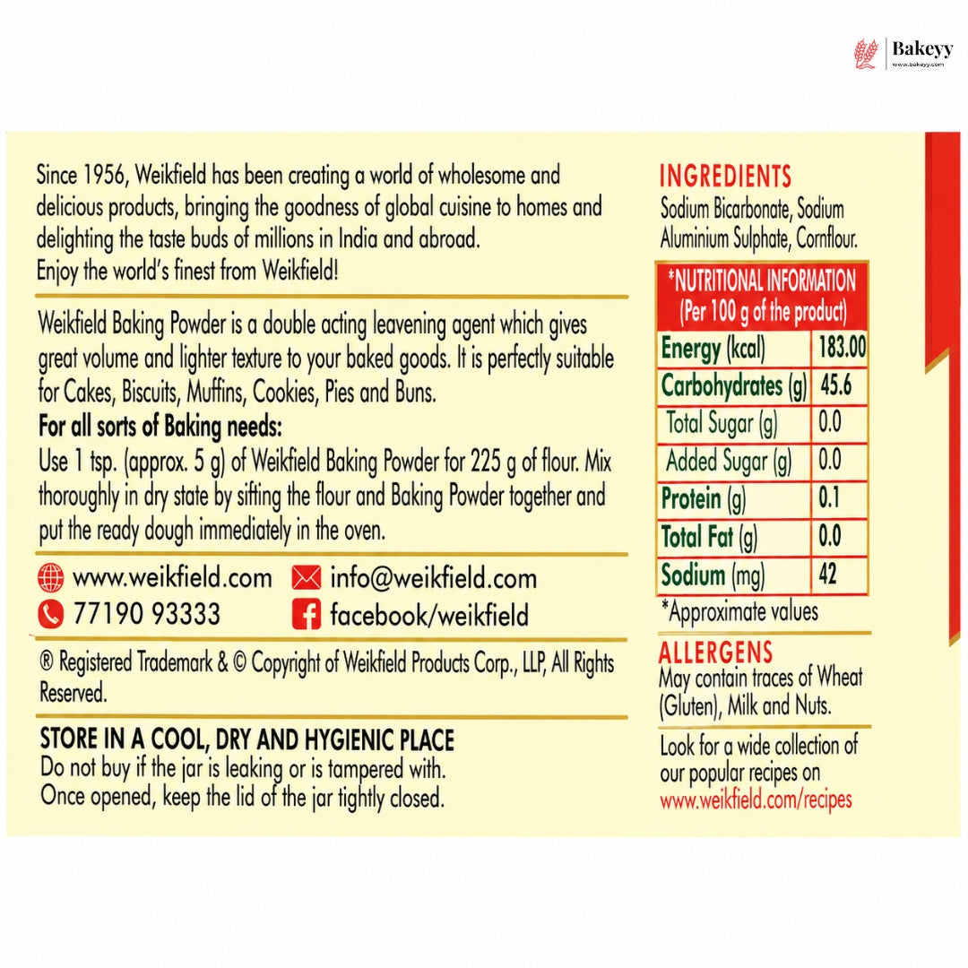 Weikfield Baking Powder label with ingredients, nutritional information, and storage instructions.