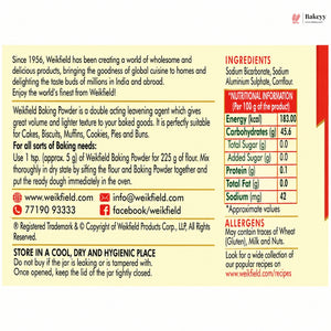 Weikfield Baking Powder label with ingredients, nutritional information, and storage instructions.