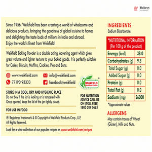 Weikfield Baking Powder label with ingredients, nutritional information, and contact details.