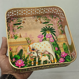 Pichwai Metal Hamper Basket | 6 Inch & 8 Inch | Cow, Peacock & Elephant Design | Pack of 1