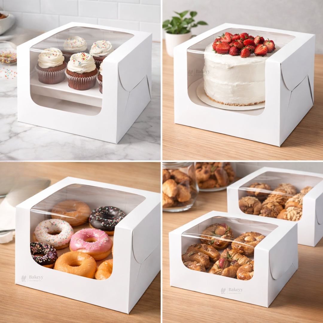 White Cake Box with L-Shape Window | 8 Inch Height | 2 Sizes Available | Tall Cake & Dessert Packaging | Pack of 25
