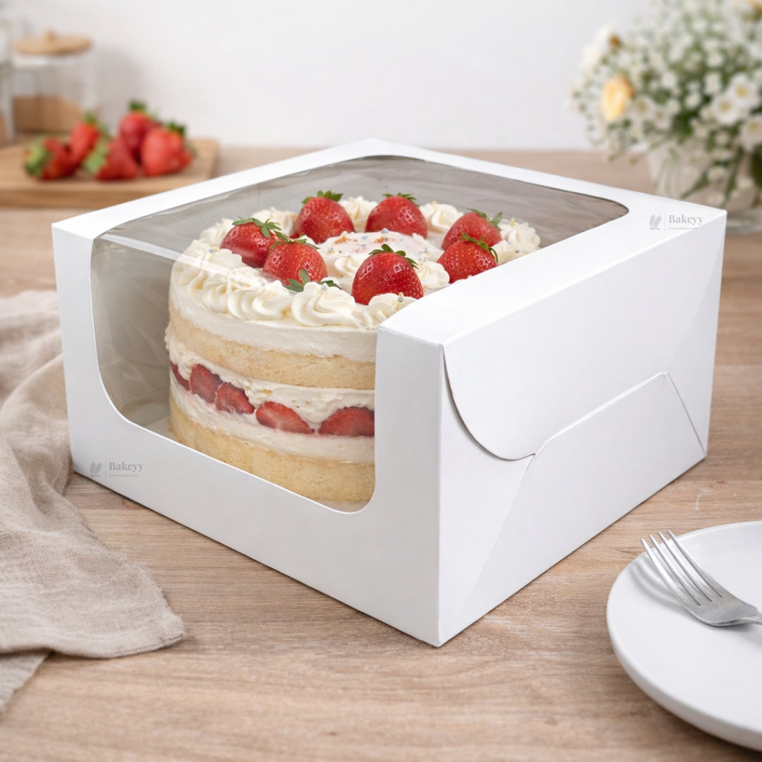 White Paper Cake Box with Transparent Window | Premium Bakery Packaging Box for Cakes & Desserts | Pack of 25