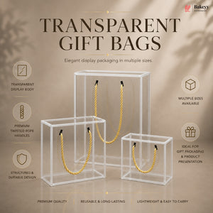Transparent gift bags with twisted rope handles on a beige background, featuring the brand 'Bakey'.