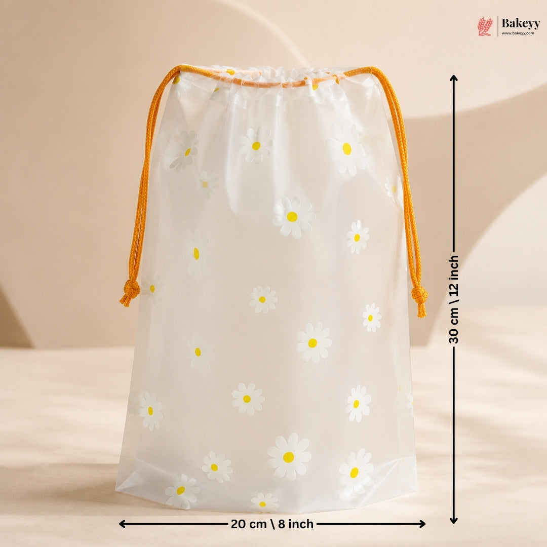 Drawstring bag with daisy pattern and measurements on a beige background