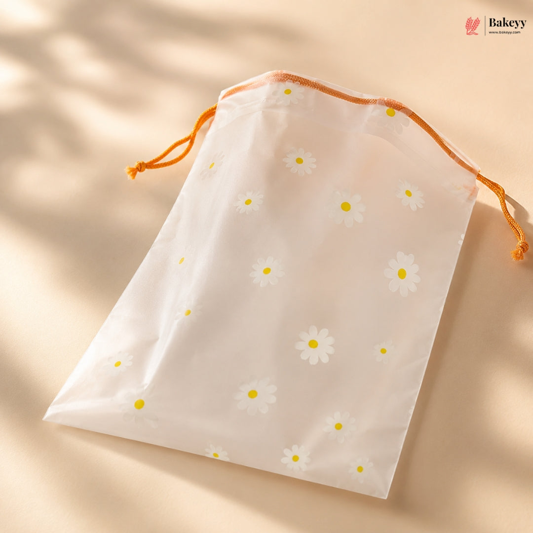 Drawstring bag with daisy pattern on a beige background